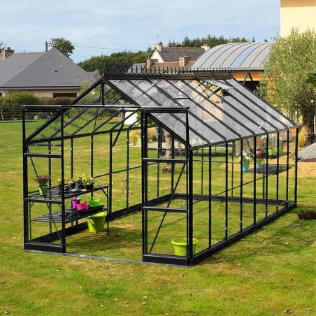 Serre Jade 11,80 m² en aluminium laqué noir et verre trempé avec base ciel mon jardin