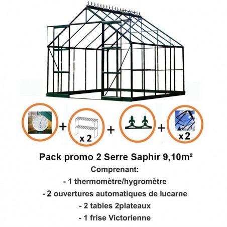 Pack promo n°2 - Serre Saphir 9,10m² en aluminium laqué noir et verre trempé avec base