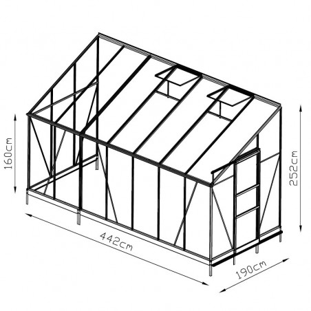 dimensions Serre adossée Rubis 8,40m² en aluminium laqué noir et verre trempé avec base