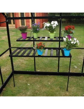 Zwart gelakte aluminium tafel en opklapbare plank ter plaatse