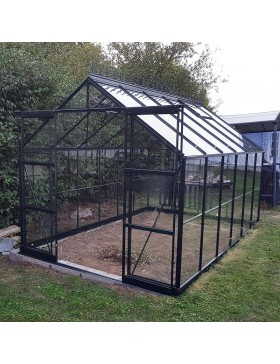 Jade kas van 8,90 m² in zwart gelakt aluminium en gehard glas met voet