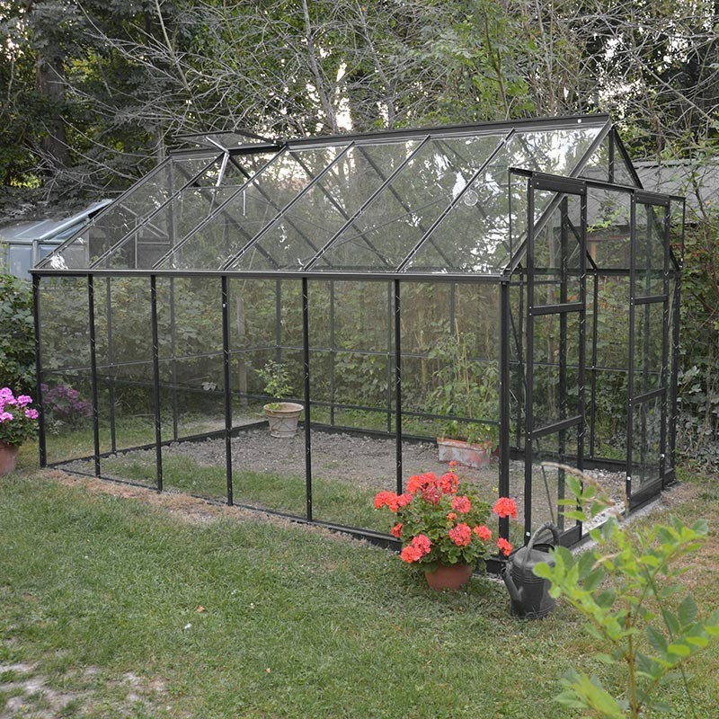 Jade Serre 8,90m2 in schwarz lackiertem Aluminium und gehärtetem Glas mit Basis