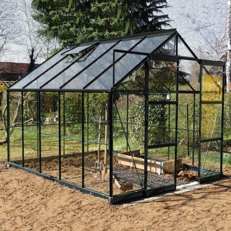 Serre Jade 7,50 m² en aluminium laqué noir et verre trempé avec base ciel mon jardin