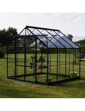 Jade kas van 6,00 m² in zwart gelakt aluminium en gehard glas met een "Ciel mon jardin" basis