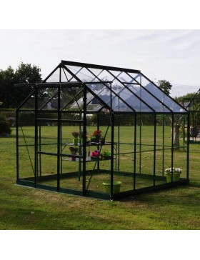 Serre Jade 6,00 m² en aluminium laqué noir et verre trempé avec base ciel mon jardin