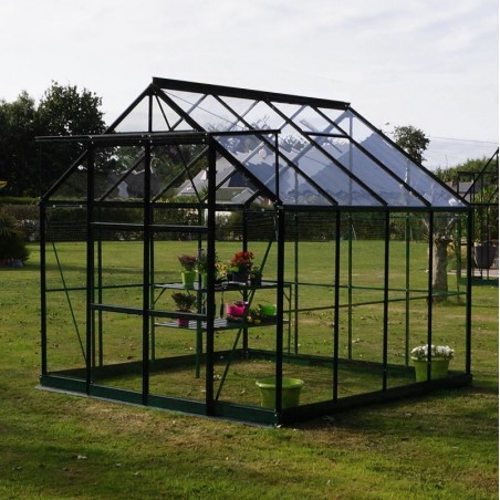 Jade kas van 6,00 m² in zwart gelakt aluminium en gehard glas met een "Ciel mon jardin" basis