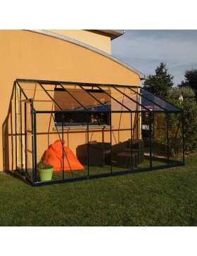Pack promo n°1 - Serre adossée Rubis 8,40m² en aluminium laqué noir et verre trempé avec base