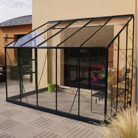 Pack promo n°1 - Serre adossée Rubis 6m² en aluminium laqué noir et verre trempé avec base