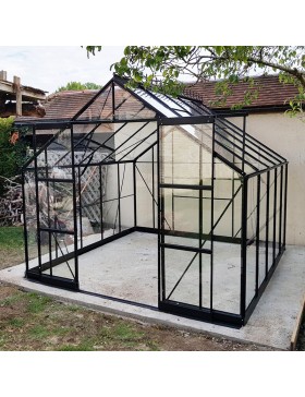 Saphir 9,10m² vierkante kas in zwart gelakt aluminium en gehard glas met voet