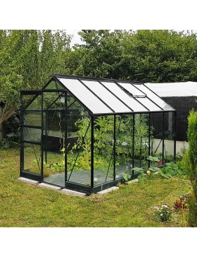 Opale kas van 5,80 m² in zwart gelakt aluminium en gehard glas met een "Ciel mon jardin" basis