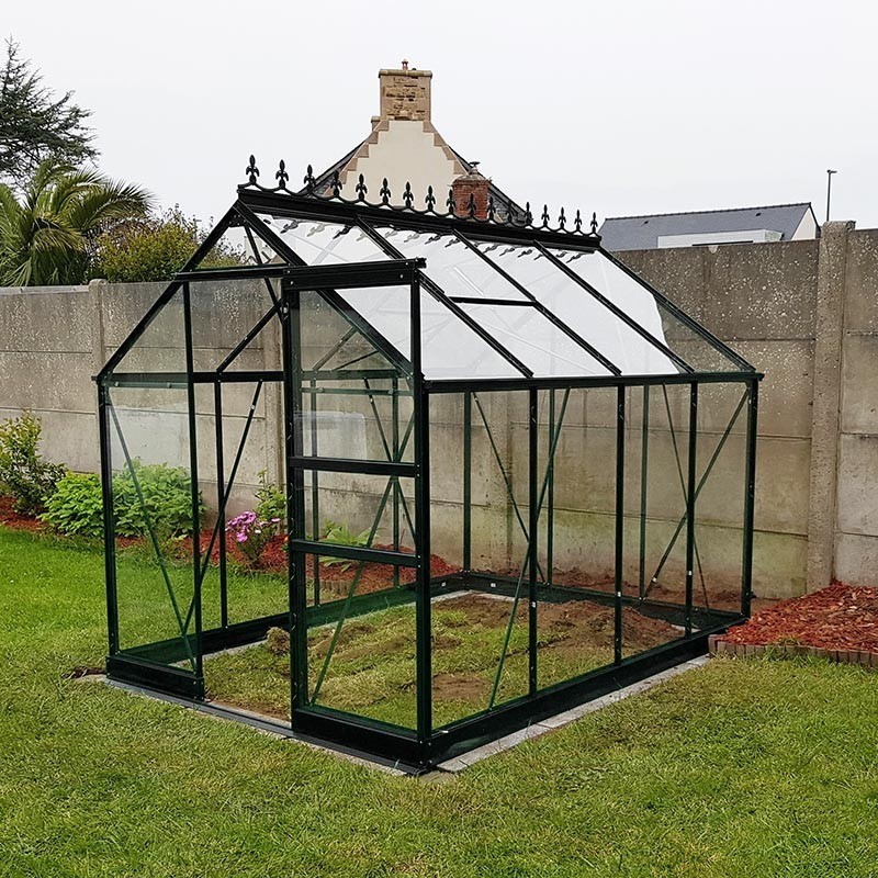 Pack promo n°1 - Serre Opale 4,70m² en aluminium laqué noir et verre trempé avec base ciel mon jardin