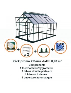 Pack promo n°2  Serre Jade 8,90m² en aluminium laqué vert et verre trempé avec base