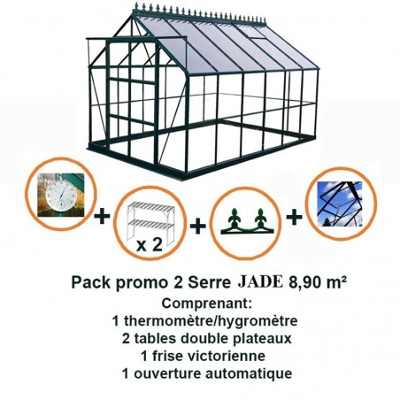 Pack promo n°2  Serre Jade 8,90m² en aluminium laqué vert et verre trempé avec base