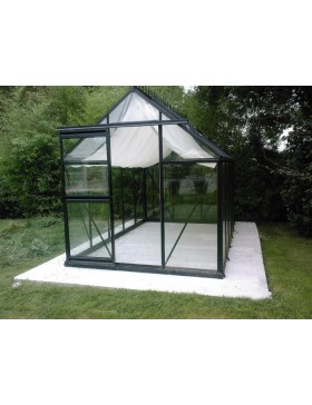 Janssens Eos Junior kas 7,30m², zwart gelakt aluminium, gehard glas, met voet en schaduwdoek