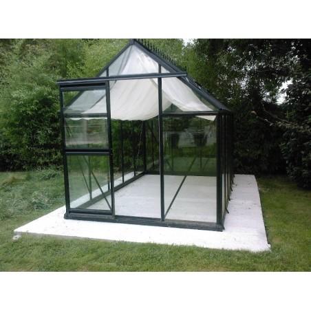 Janssens Eos Junior kas 7,30m², zwart gelakt aluminium, gehard glas, met voet en schaduwdoek