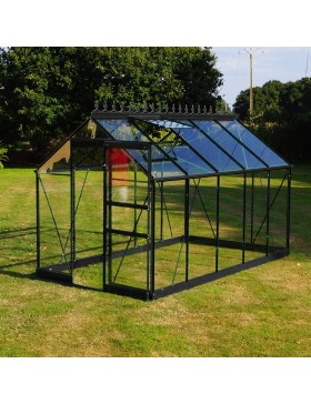 Opale kas van 5,80 m² in zwart gelakt aluminium en gehard glas met een "Ciel mon jardin" basis