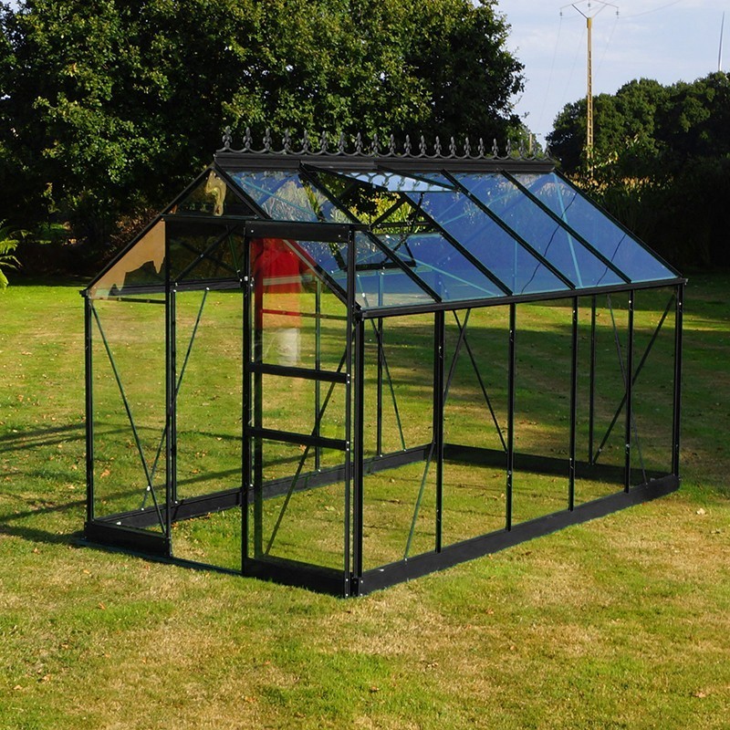 Serre Opale 5,80m² en aluminium laqué noir et verre trempé avec base ciel mon jardin
