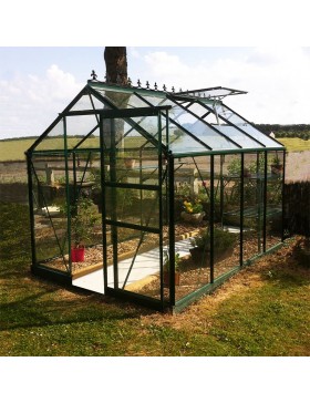 Serre Opale 4,70m² en aluminium laqué vert et verre trempé ciel mon jardin