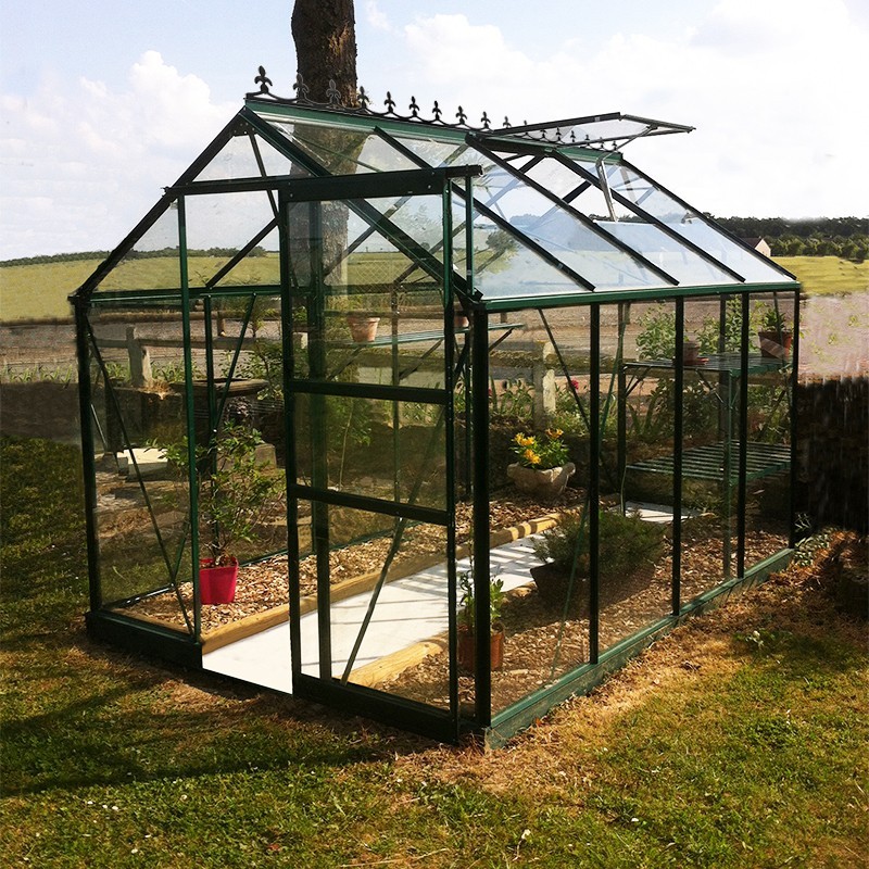 Opale kas, 4,70 m², in groen gelakt aluminium en gehard glas, hemelsblauw, mijn tuin