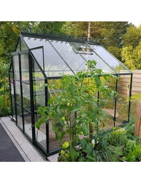 Promotiepakket #3 - Jade 6.05m vierkante kas in zwart gelakt aluminium en gehard glas met voet