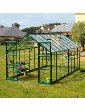 Jade kas, 11,80 m², in zwart gelakt aluminium en gehard glas met een "Ciel mon jardin" basis