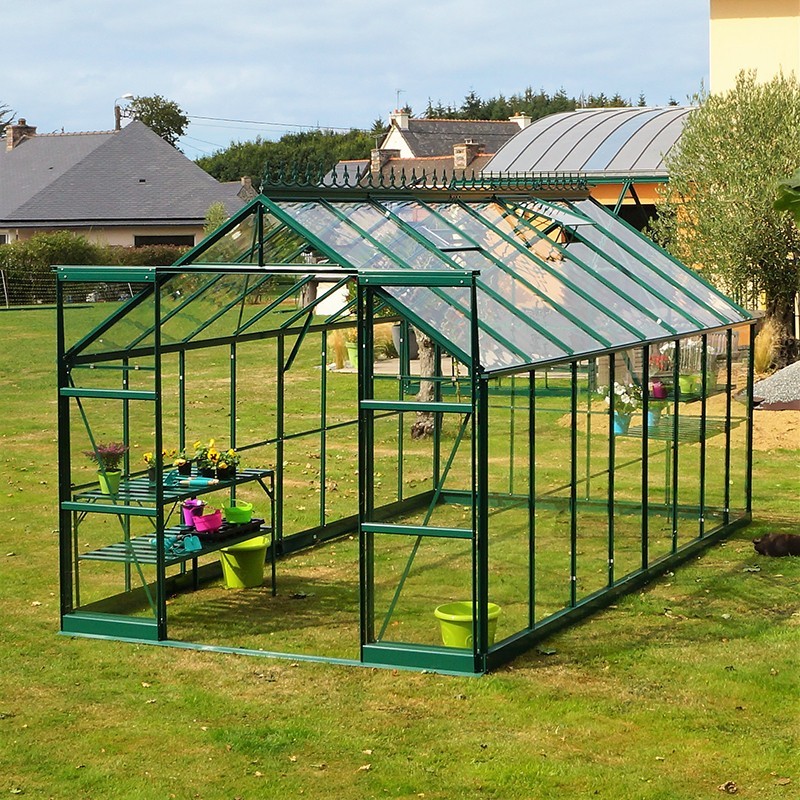 Serre Jade 11,80 m² en aluminium laqué noir et verre trempé avec base ciel mon jardin
