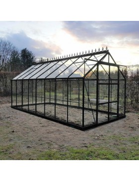Jade kas, 11,80 m², gemaakt van zwart gelakt aluminium en gehard glas met een zonsonderganggerichte basis