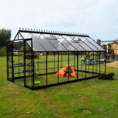 Jade kas, 11,80 m², in zwart gelakt aluminium en gehard glas met voet