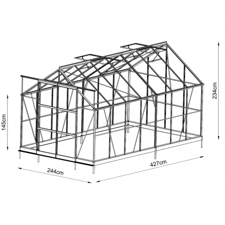 Jade kas afmetingen: 10,40 m², gemaakt van zwart gelakt aluminium en gehard glas met voet