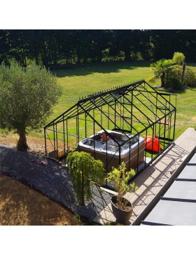 Saphir Serre 14,60m2 in schwarz lackiertem Aluminium und gehärtetem Glas mit Basis