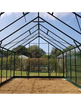 Saffierkas 14,60m² in groen gelakt aluminium en gehard glas met voet