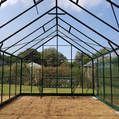 Saffierkas 14,60m² in groen gelakt aluminium en gehard glas met voet