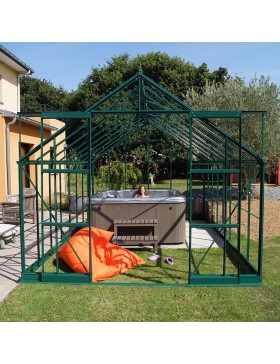 Saphir Serre 14,60m2 in grün lackiertem Aluminium und gehärtetem Glas mit Basis