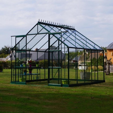 Rabattpaket #3 - Saphir Serre 9,10m2 in grün lackiertem Aluminium und gehärtetem Glas mit Basis