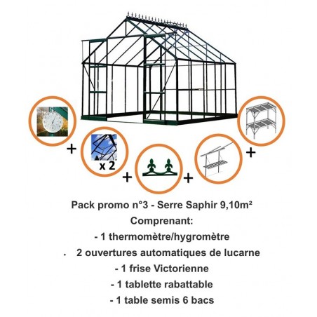 Pack promo n°3 - Serre Saphir 9,10m² en aluminium laqué vert et verre trempé avec base