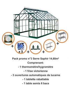 Pack promo n°3  Serre Saphir 14,60m² en aluminium laqué noir et verre trempé avec base