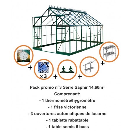 Pack promo n°3 Saphir Serre 14,60m2 in schwarz lackiertem Aluminium und gehärtetem Glas mit Basis