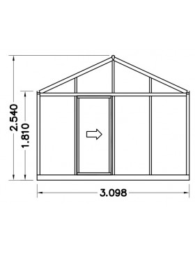 Schets van de Helios Senior kas, 18,80m² Janssens natuurlijk aluminium en gehard glas met sokkel