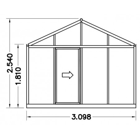 Schets van de Helios Senior kas, 18,80m² Janssens natuurlijk aluminium en gehard glas met sokkel