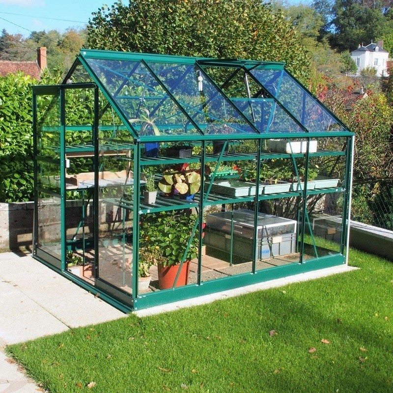 Serre Opale 4,70m² en aluminium laqué vert et verre trempé ciel mon jardin