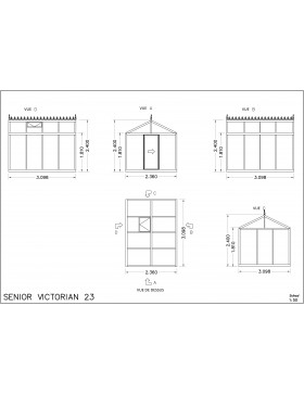 Schets van de Helios Senior kas, 10,80m², Janssens gelakt aluminium en gehard glas met sokkel