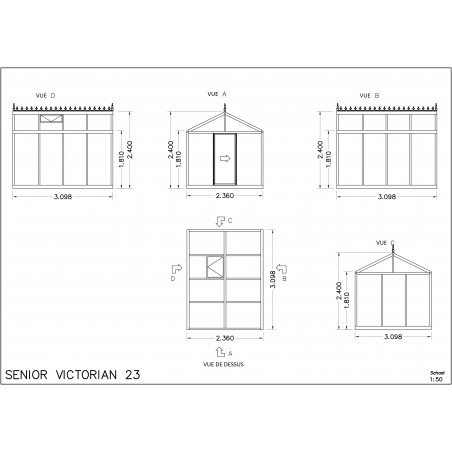 Schets van de Helios Senior kas, 10,80m², Janssens gelakt aluminium en gehard glas met sokkel