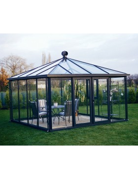 Janssens Paviljoen Kas 14,50m² gelakt aluminium en gehard glas met sokkel