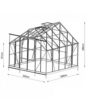 dimensions Serre carrée Saphir 9,10m² en aluminium laqué noir et verre trempé avec base