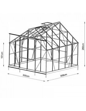 Saphir vierkante kas afmetingen 9,10m² in zwart gelakt aluminium en gehard glas met voet