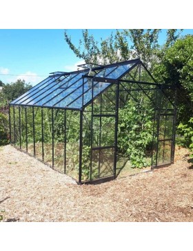 Saphir Serre 14,60m2 in schwarz lackiertem Aluminium und gehärtetem Glas mit Basis