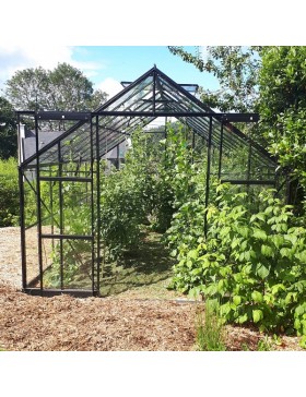 Saphir Serre 14,60m2 in schwarz lackiertem Aluminium und gehärtetem Glas mit Basis