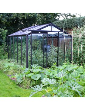 Prestige kas van 8,61 m² in zwart gelakt aluminium en R205 gehard glas