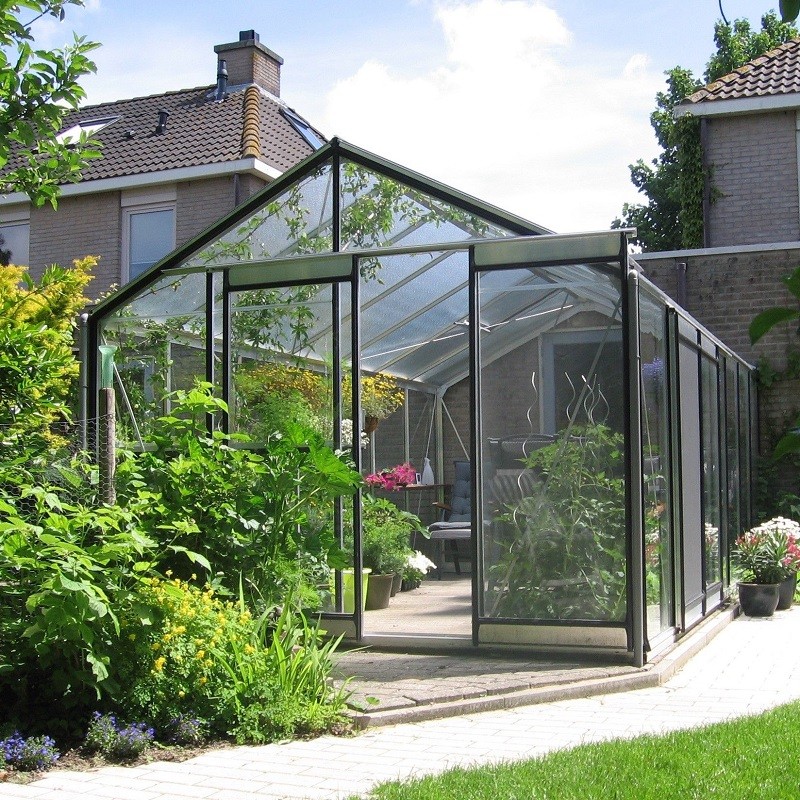 Prestige kas 15.88m in natuurlijk aluminium en gehard glas