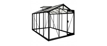 Prestige kas van 8,61 m² in zwart gelakt aluminium en blank zwart R205 gehard glas